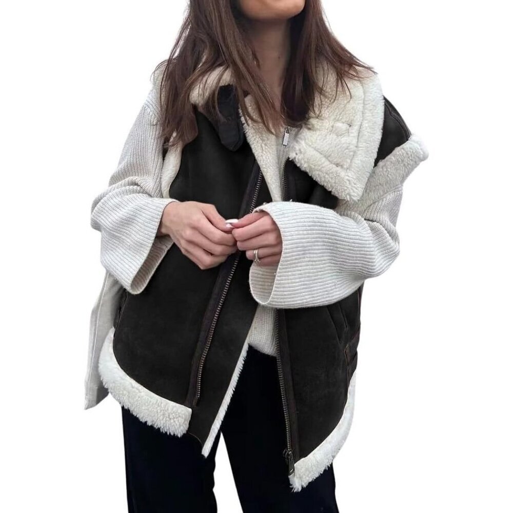 Women's Black White Winter Suede Sherpa Leather Vest Jacket Zip Up Sleeveless